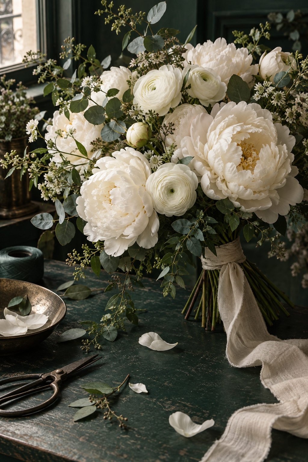 White peonies in the True Cost floral atelier