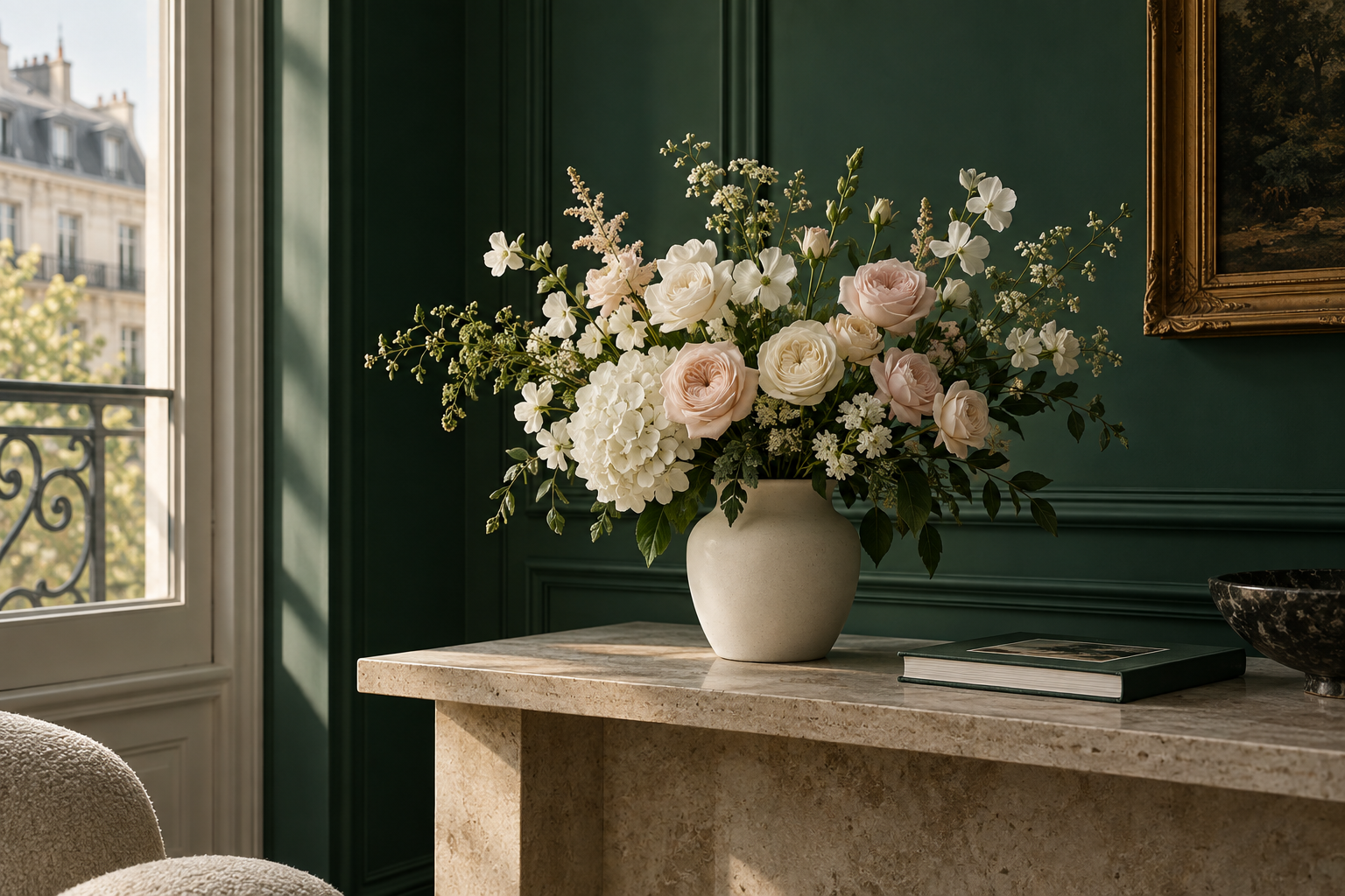 Seasonal flowers in an ivory vase at home